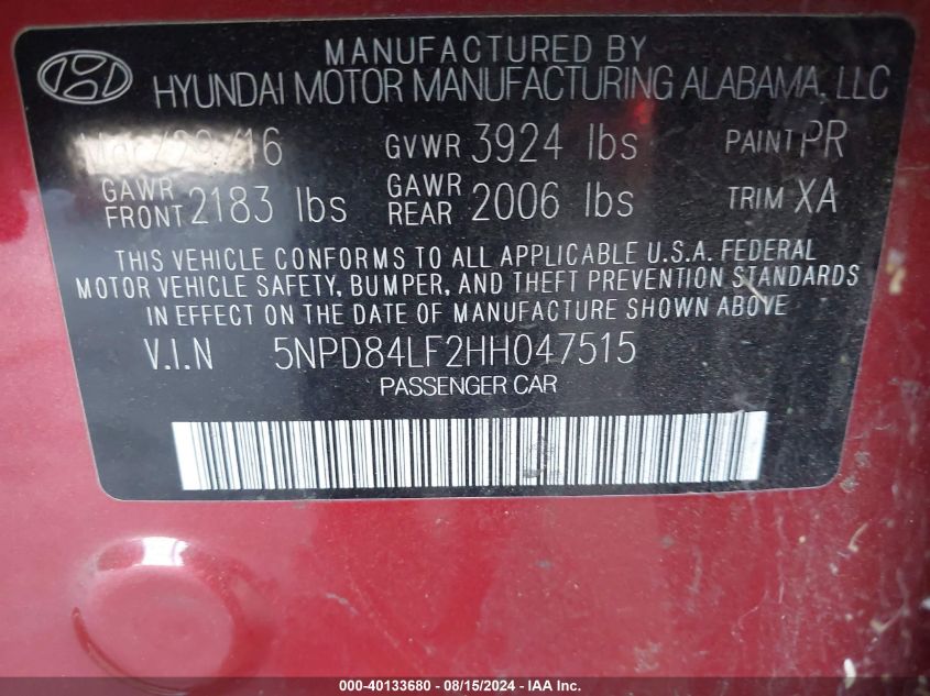 2017 Hyundai Elantra Se VIN: 5NPD84LF2HH047515 Lot: 40133680
