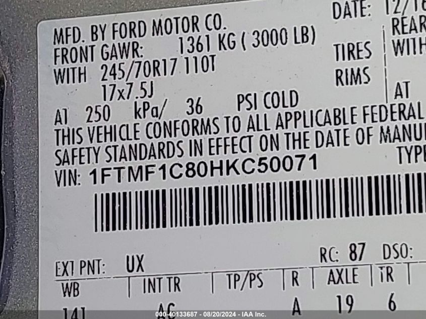 2017 Ford F-150 Xl VIN: 1FTMF1C80HKC50071 Lot: 40133687