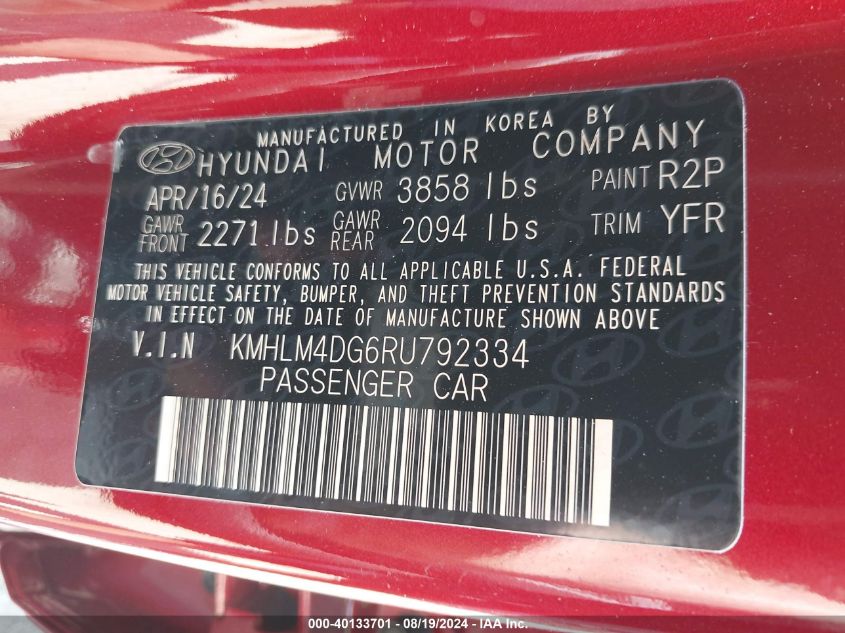 2024 Hyundai Elantra Sel VIN: KMHLM4DG6RU792334 Lot: 40133701