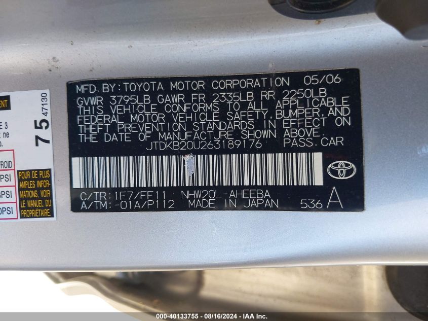 2006 Toyota Prius VIN: JTDKB20U263189176 Lot: 40133755