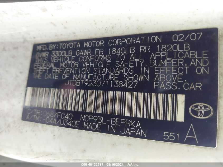 2007 Toyota Yaris VIN: JTDBT923071138427 Lot: 40133797