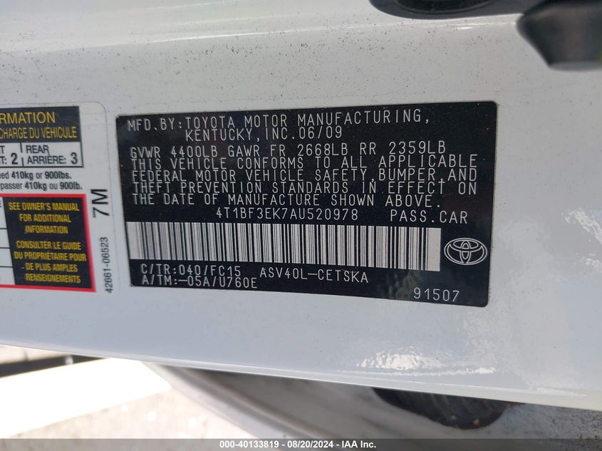 2010 Toyota Camry Se VIN: 4T1BF3EK7AU520978 Lot: 40133819