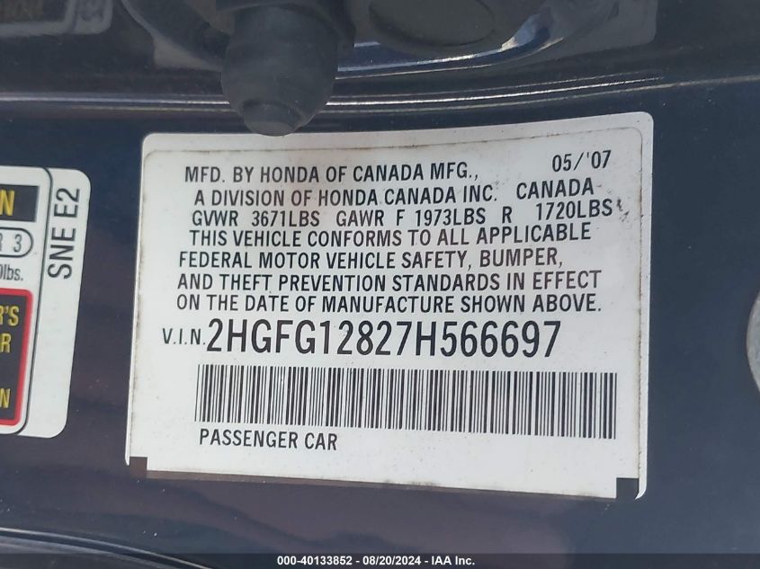 2HGFG12827H566697 2007 Honda Civic Ex