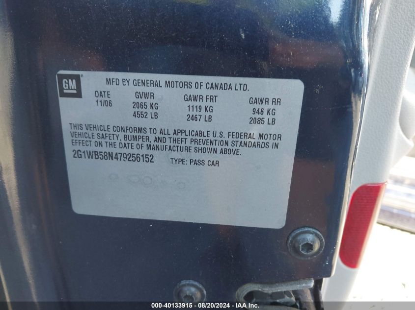 2007 Chevrolet Impala Ls VIN: 2G1WB58N479256152 Lot: 40133915