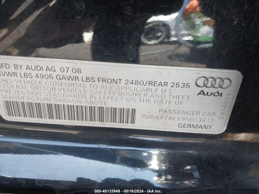 2009 Audi A4 2.0T Premium VIN: WAULF78KX9N013412 Lot: 40133949