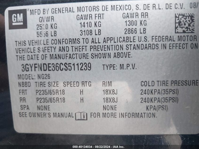 2012 Cadillac Srx Luxury Collection VIN: 3GYFNDE36CS511239 Lot: 40134034