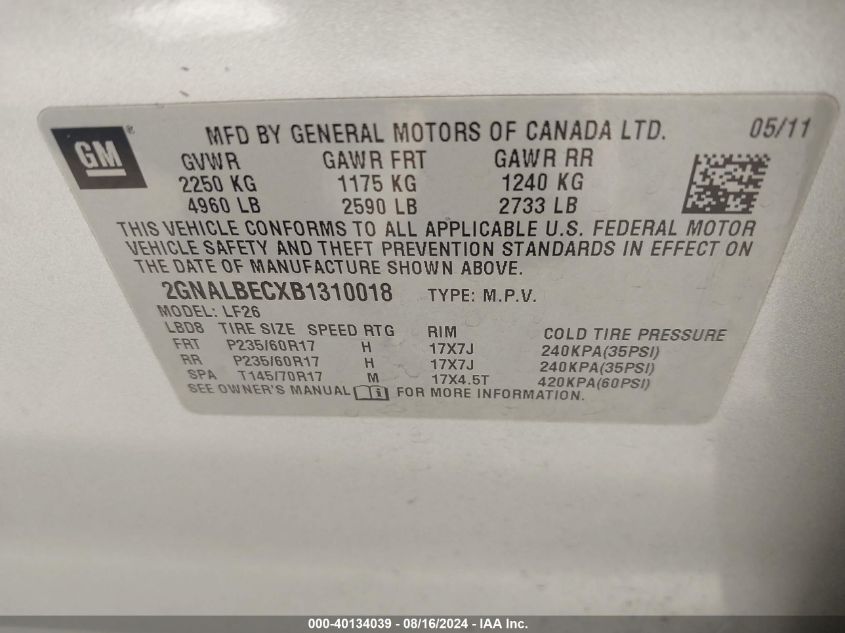 2011 Chevrolet Equinox Ls VIN: 2GNALBECXB1310018 Lot: 40134039