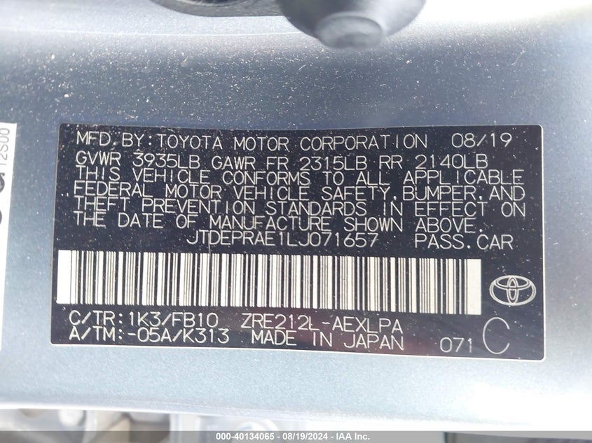 VIN JTDEPRAE1LJ071657 2020 TOYOTA COROLLA LE