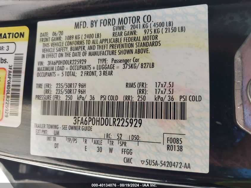 2020 FORD FUSION SE - 3FA6P0HD0LR225929