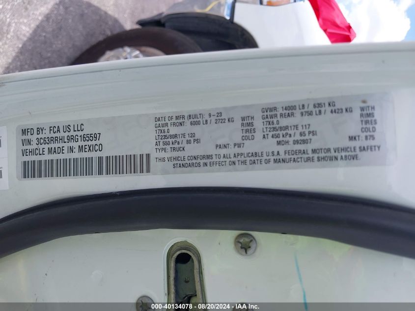 2024 Ram 3500 Big Horn 4X4 8' Box VIN: 3C63RRHL9RG165597 Lot: 40134078