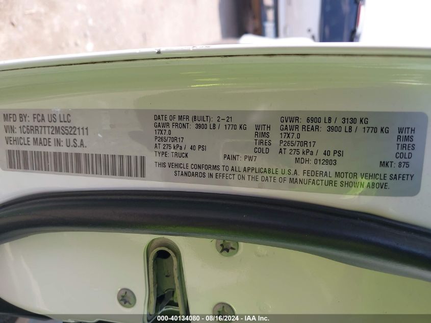 2021 Ram 1500 Classic Slt VIN: 1C6RR7TT2MS522111 Lot: 40134080