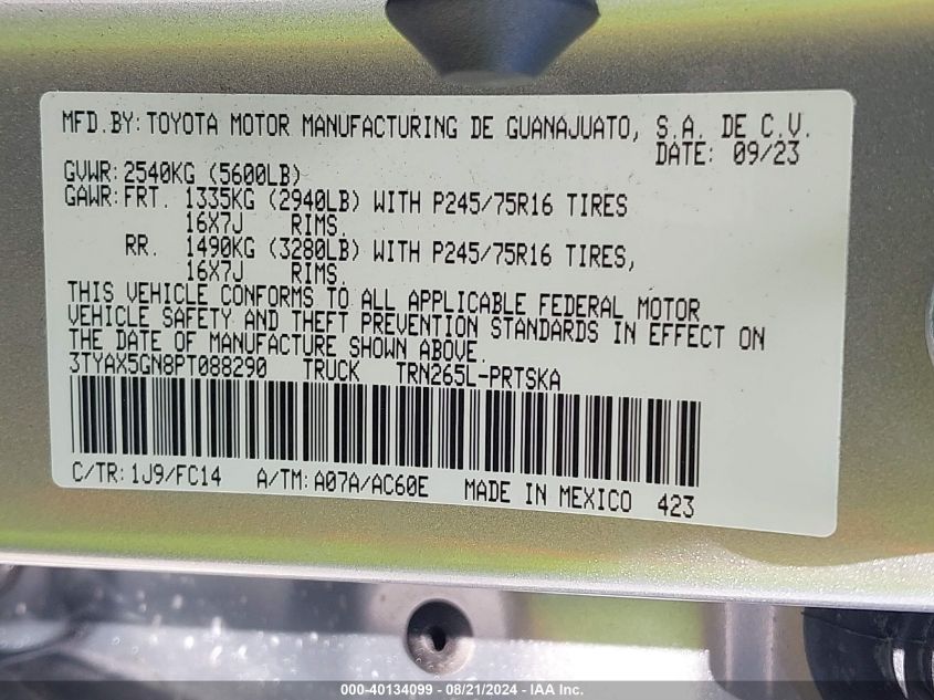 2023 Toyota Tacoma Sr5 VIN: 3TYAX5GN8PT088290 Lot: 40134099