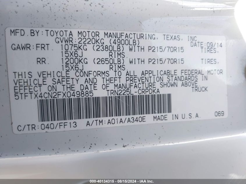 2015 Toyota Tacoma VIN: 5TFTX4CN2FX049885 Lot: 40134315