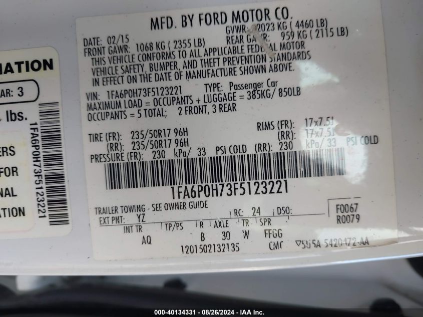 2015 Ford Fusion Se VIN: 1FA6P0H73F5123221 Lot: 40134331