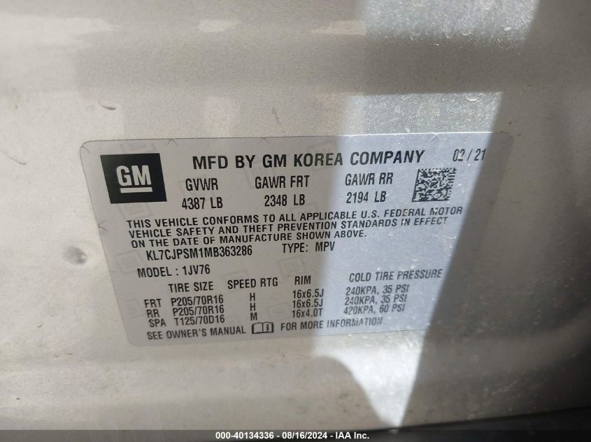 2021 Chevrolet Trax 1Lt VIN: KL7CJPSM1MB363286 Lot: 40134336