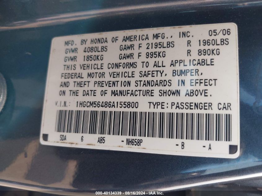 2006 Honda Accord 2.4 Lx VIN: 1HGCM56486A155800 Lot: 40134339