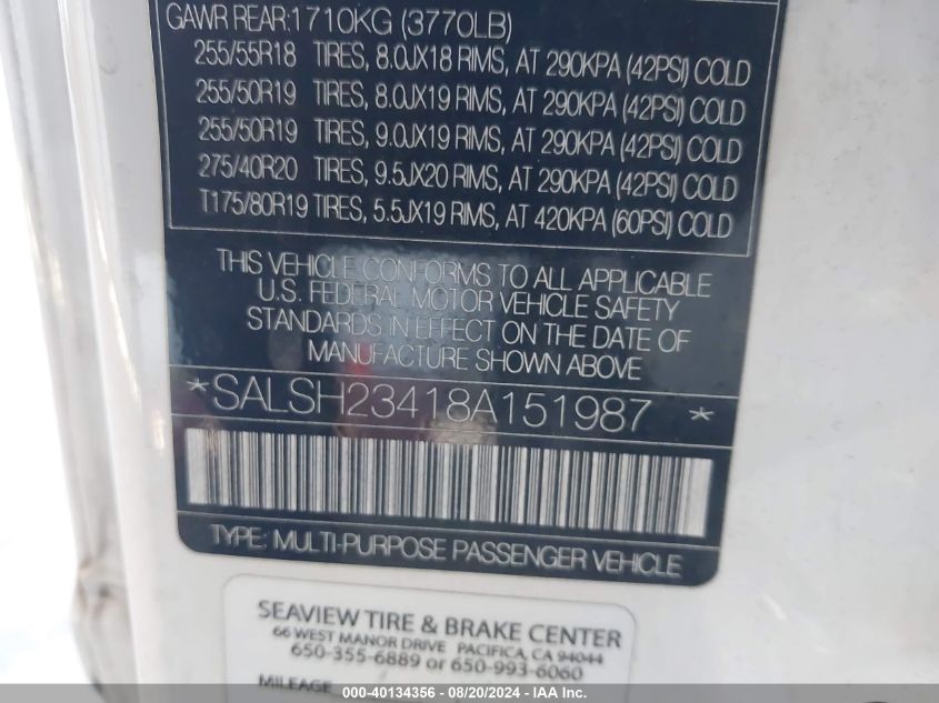 2008 Land Rover Range Rover Sport Supercharged VIN: SALSH23418A151987 Lot: 40134356