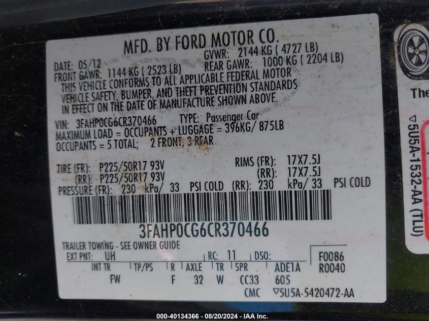 2012 Ford Fusion Sel VIN: 3FAHP0CG6CR370466 Lot: 40134366