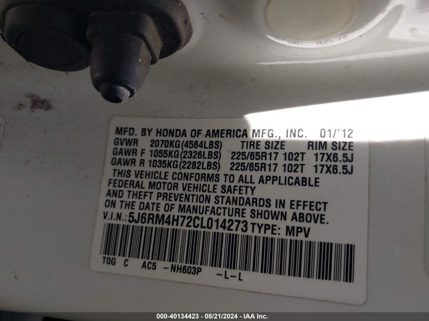 2012 Honda Cr-V Ex-L VIN: 5J6RM4H72CL014273 Lot: 40134423