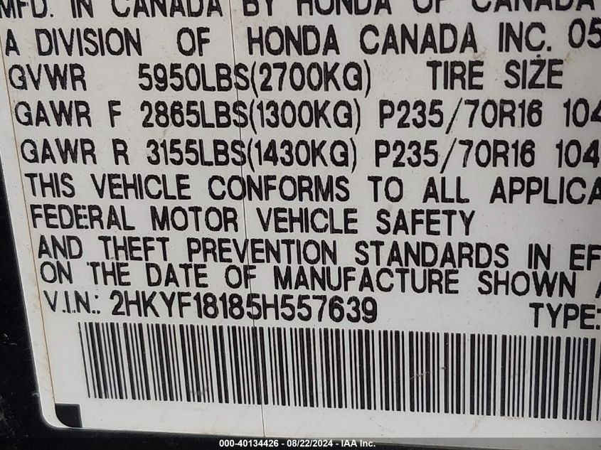 2005 Honda Pilot Lx VIN: 2HKYF18185H557639 Lot: 40134426