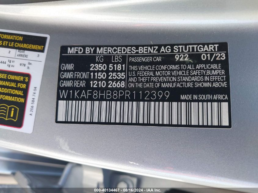 2023 Mercedes-Benz Amg C 43 4Matic VIN: W1KAF8HB8PR112399 Lot: 40134467