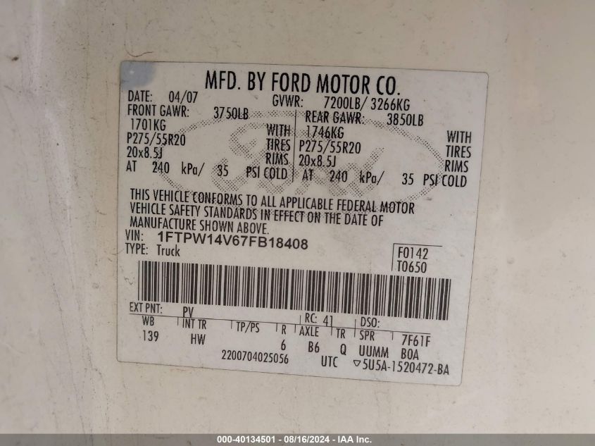 1FTPW14V67FB18408 2007 Ford F-150 Fx4/Lariat/Xlt