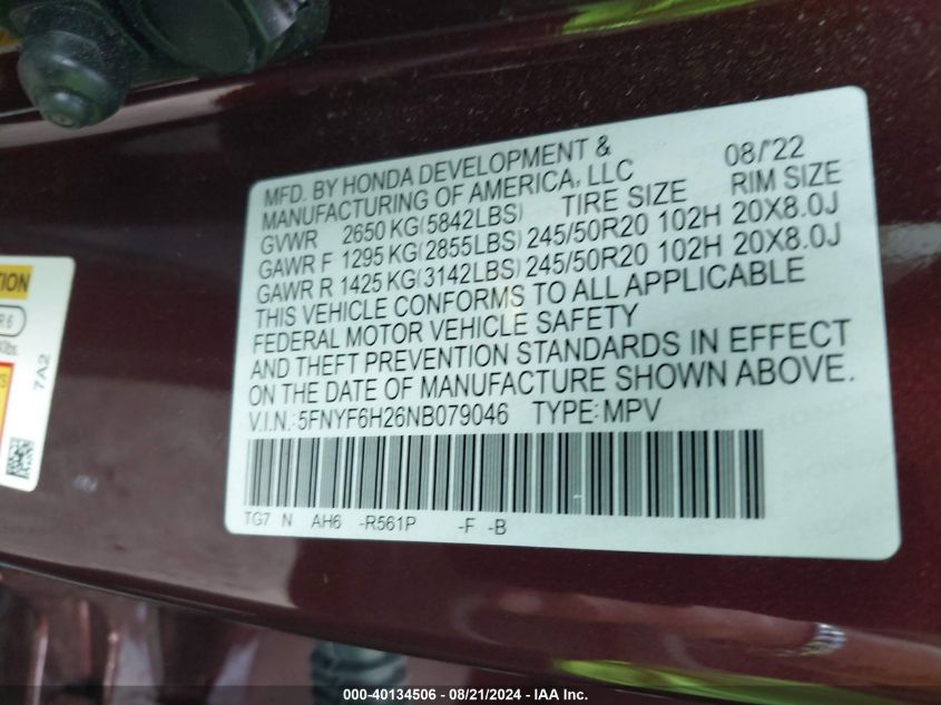 2022 Honda Pilot Se VIN: 5FNYF6H26NB079046 Lot: 40134506