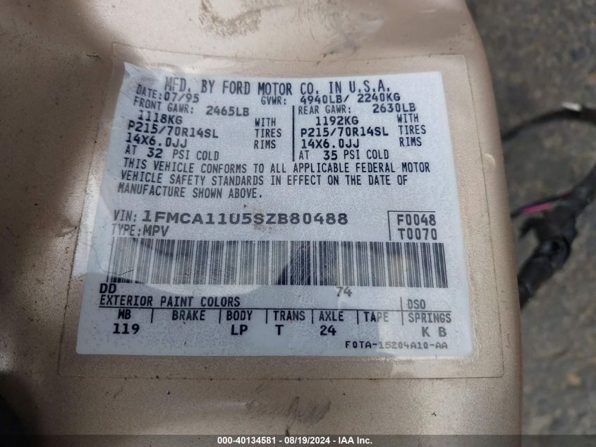 1995 Ford Aerostar VIN: 1FMCA11U5SZB80488 Lot: 40134581