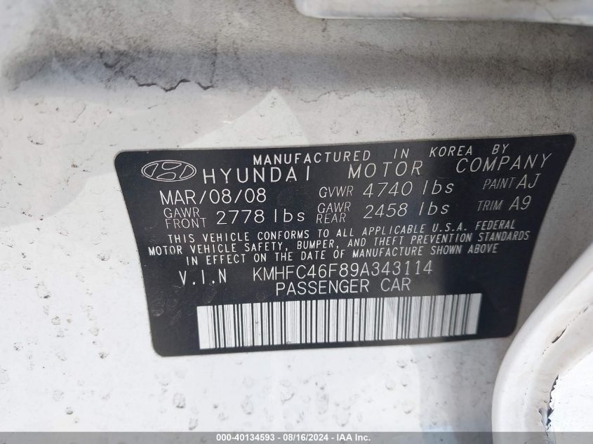 2009 Hyundai Azera Limited VIN: KMHFC46F89A343114 Lot: 40134593