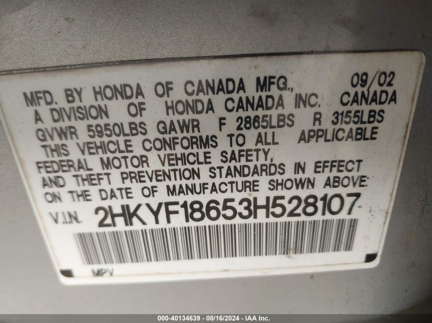 2003 Honda Pilot Ex-L VIN: 2HKYF18653H528107 Lot: 40134639
