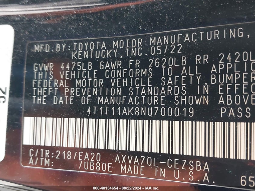 2022 TOYOTA CAMRY VIN: 4T1T11AK8NU700019