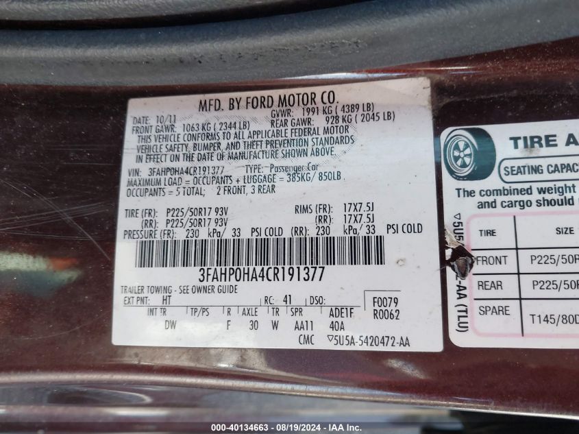 2012 Ford Fusion Se VIN: 3FAHP0HA4CR191377 Lot: 40134663