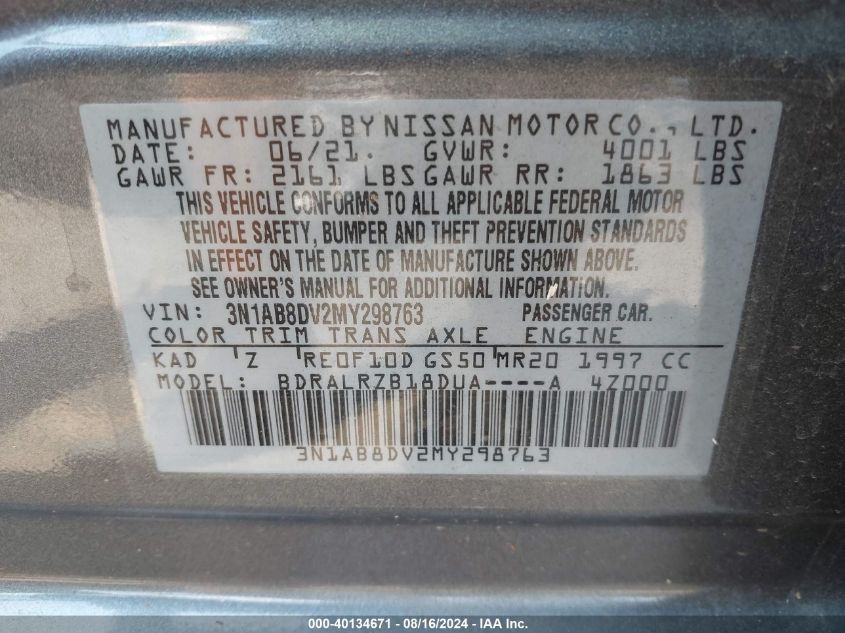 2021 Nissan Sentra Sr Xtronic Cvt VIN: 3N1AB8DV2MY298763 Lot: 40134671