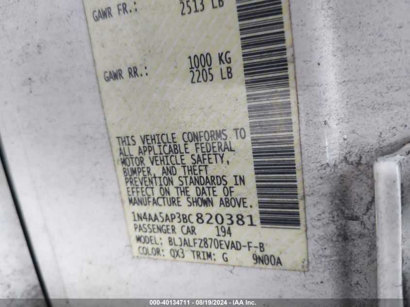 2011 Nissan Maxima 3.5 Sv VIN: 1N4AA5AP3BC820381 Lot: 40134711