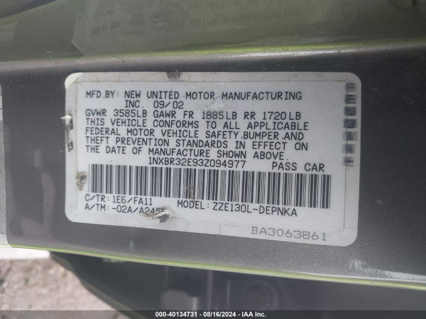 2003 Toyota Corolla Le VIN: 1NXBR32E93Z094977 Lot: 40134731