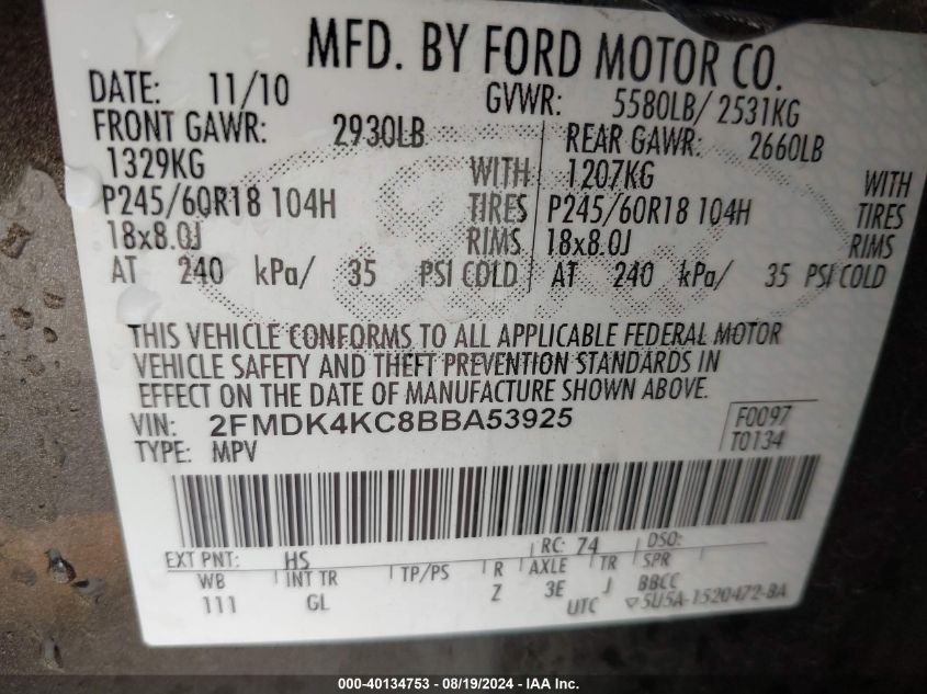 2011 Ford Edge Limited VIN: 2FMDK4KC8BBA53925 Lot: 40134753