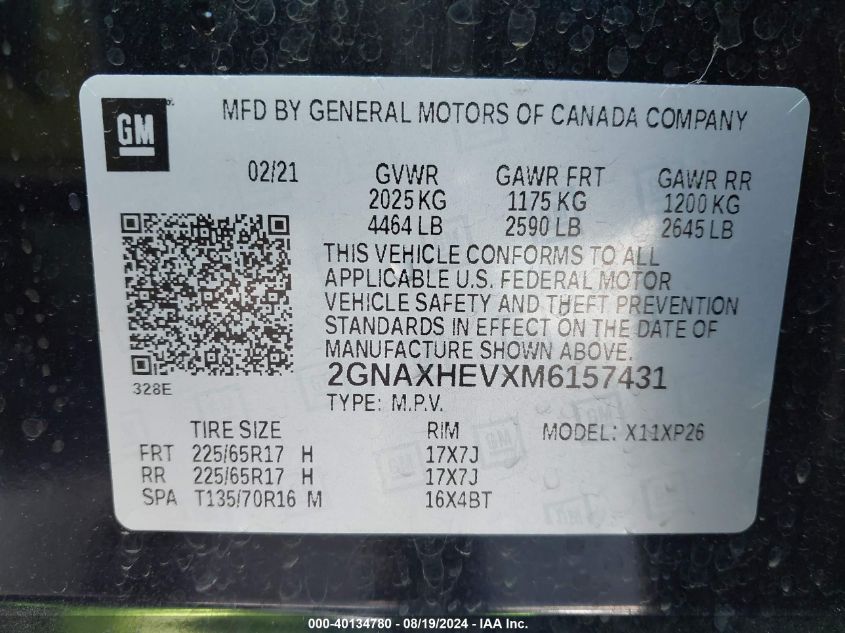 2021 Chevrolet Equinox Fwd Ls VIN: 2GNAXHEVXM6157431 Lot: 40134780