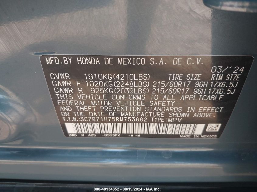 2024 Honda Hr-V VIN: 3CZRZ1H75RM753662 Lot: 40134852