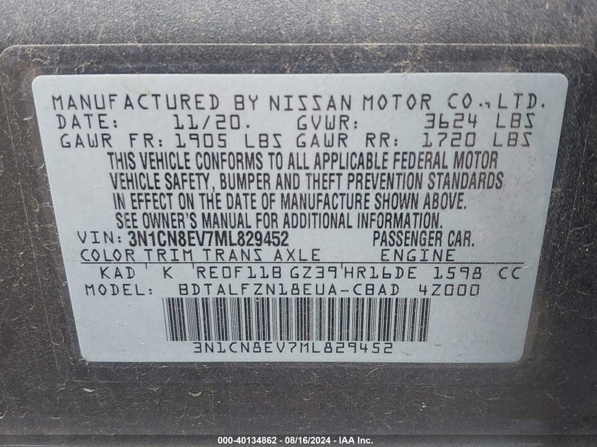 2021 Nissan Versa Sv Xtronic Cvt VIN: 3N1CN8EV7ML829452 Lot: 40134862