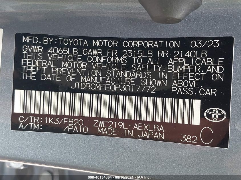 2023 Toyota Corolla Hybrid Le VIN: JTDBCMFE0P3017772 Lot: 40134864