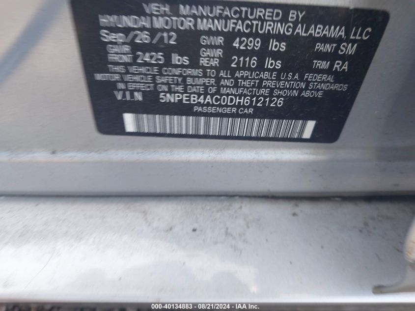 VIN 5NPEB4AC0DH612126 2013 Hyundai Sonata, Gls no.9