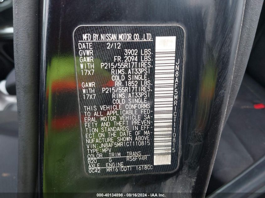 2012 Nissan Juke Sv VIN: JN8AF5MR1CT110815 Lot: 40134898