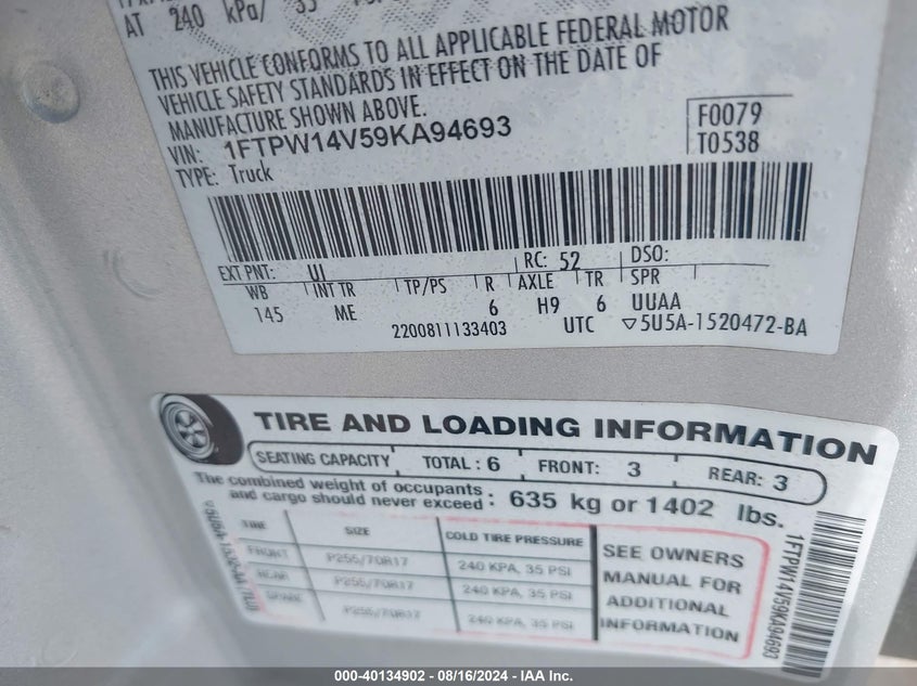 2009 Ford F-150 Fx4/King Ranch/Lariat/Platinum/Xl/Xlt VIN: 1FTPW14V59KA94693 Lot: 40134902