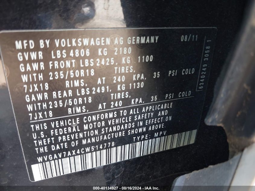 2012 Volkswagen Tiguan Se VIN: WVGAV7AX4CW514778 Lot: 40134927