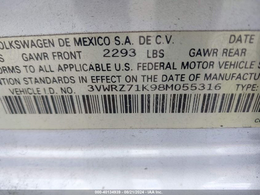 2008 Volkswagen Jetta Se/Sel VIN: 3VWRZ71K98M055316 Lot: 40134939