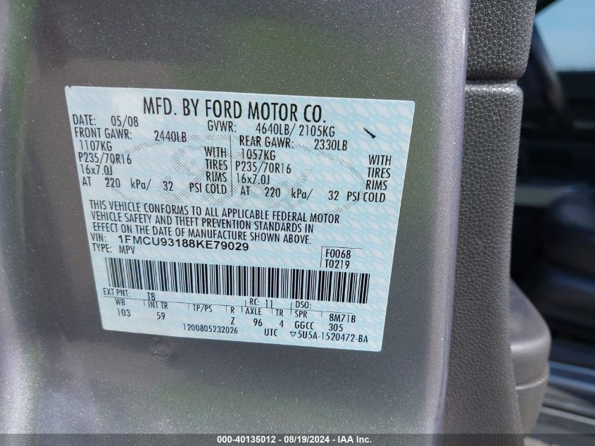 2008 Ford Escape Xlt VIN: 1FMCU93188KE79029 Lot: 40135012