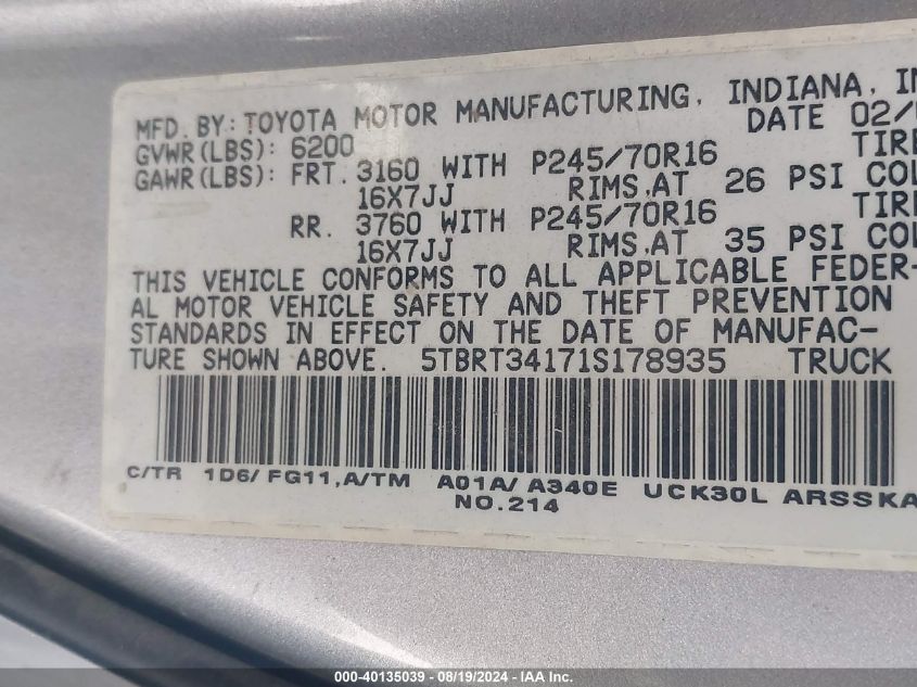 2001 Toyota Tundra Access Cab/Access Cab Sr5 VIN: 5TBRT34171S178935 Lot: 40135039