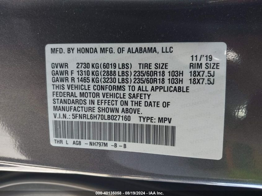 2020 Honda Odyssey Ex-L/Ex-L W/Navi Res VIN: 5FNRL6H70LB027160 Lot: 40135058