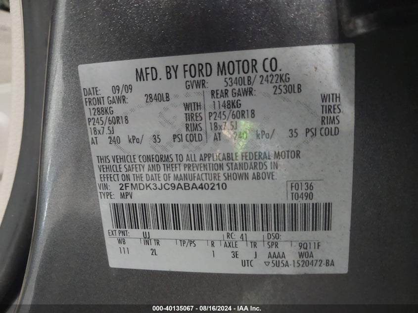 2010 Ford Edge Sel VIN: 2FMDK3JC9ABA40210 Lot: 40135067