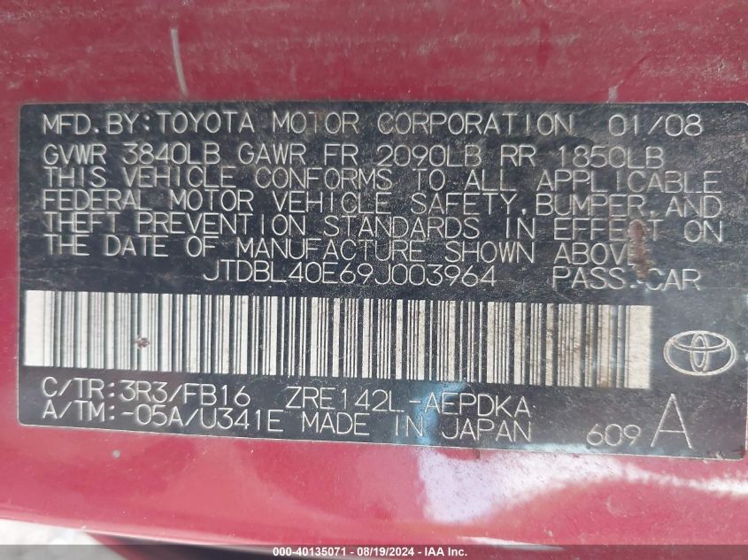 2009 Toyota Corolla Le VIN: JTDBL40E69J003964 Lot: 40135071